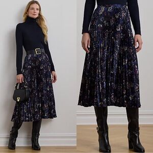 Lauren Ralph Lauren Floral Pleated Satin Charmeuse Skirt Size 16 NEW